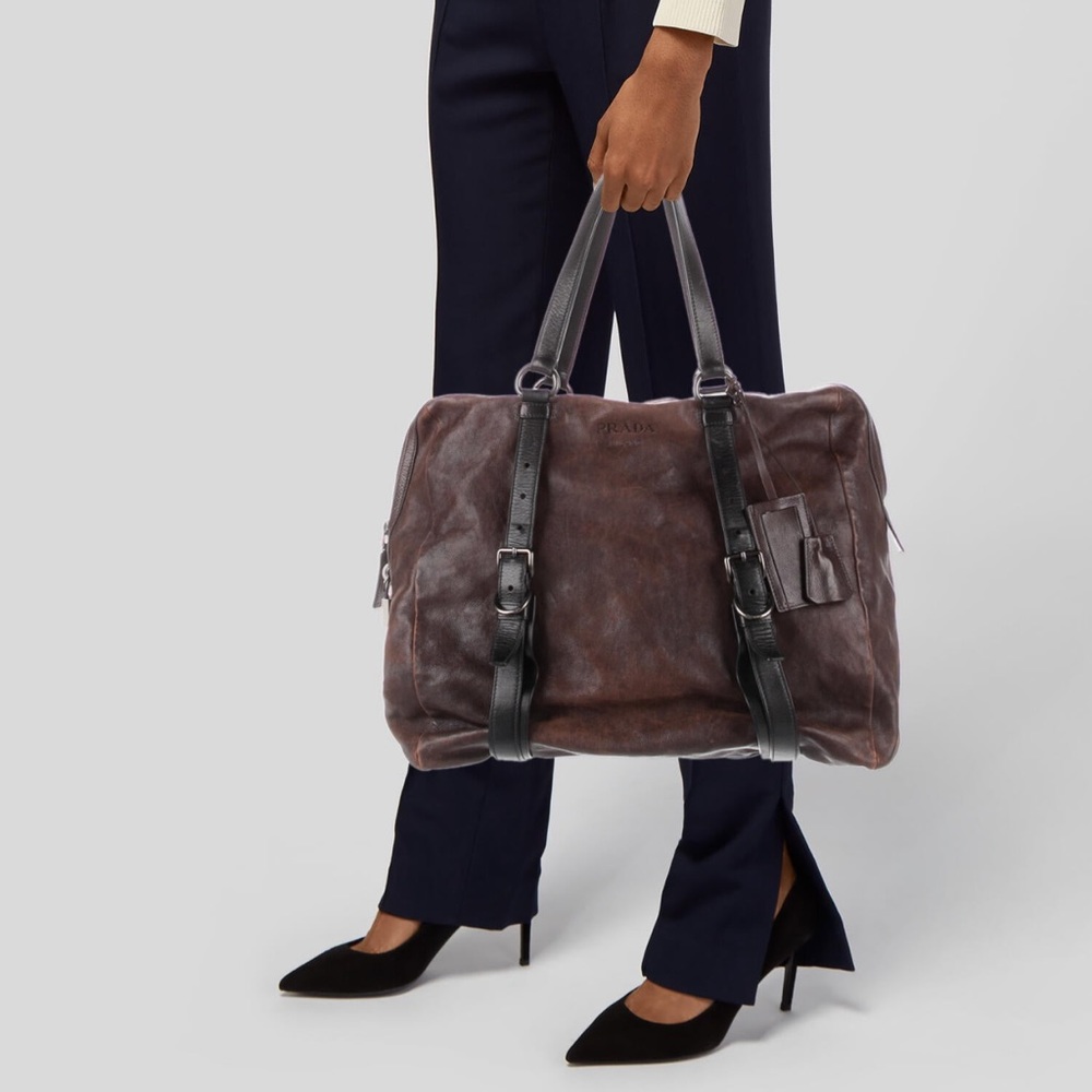 Prada Leather Glacé Calf Buckle Tote adjustable size with prada lick authentic